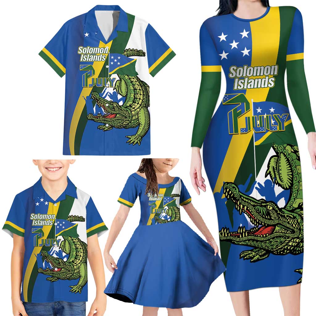 Solomon Islands Independence Day Family Matching Long Sleeve Bodycon Dress and Hawaiian Shirt Happy 7 July Crocodile Flag Style