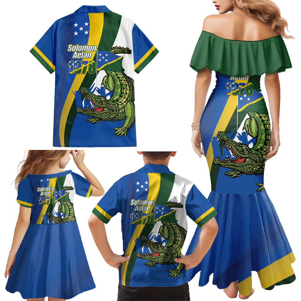 Solomon Islands Independence Day Family Matching Mermaid Dress and Hawaiian Shirt Happy 7 July Crocodile Flag Style