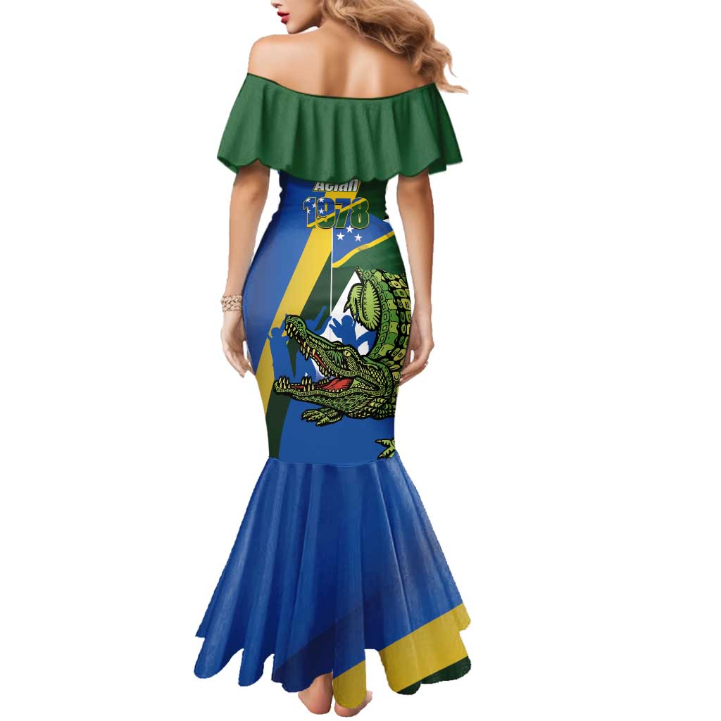Solomon Islands Independence Day Family Matching Mermaid Dress and Hawaiian Shirt Happy 7 July Crocodile Flag Style