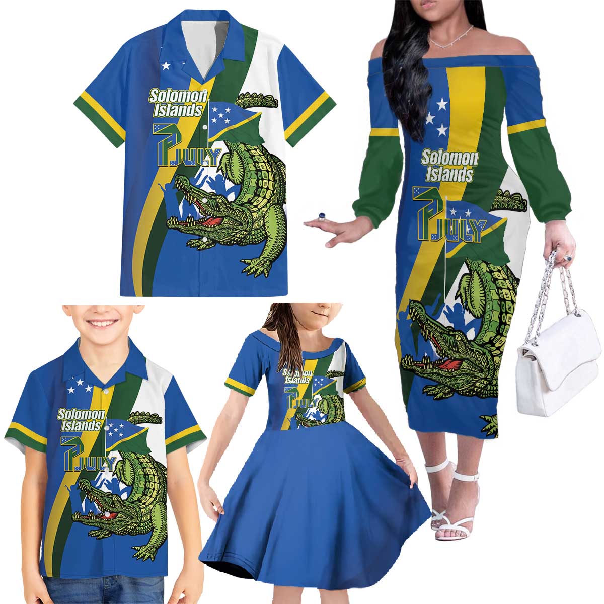 Solomon Islands Independence Day Family Matching Off The Shoulder Long Sleeve Dress and Hawaiian Shirt Happy 7 July Crocodile Flag Style