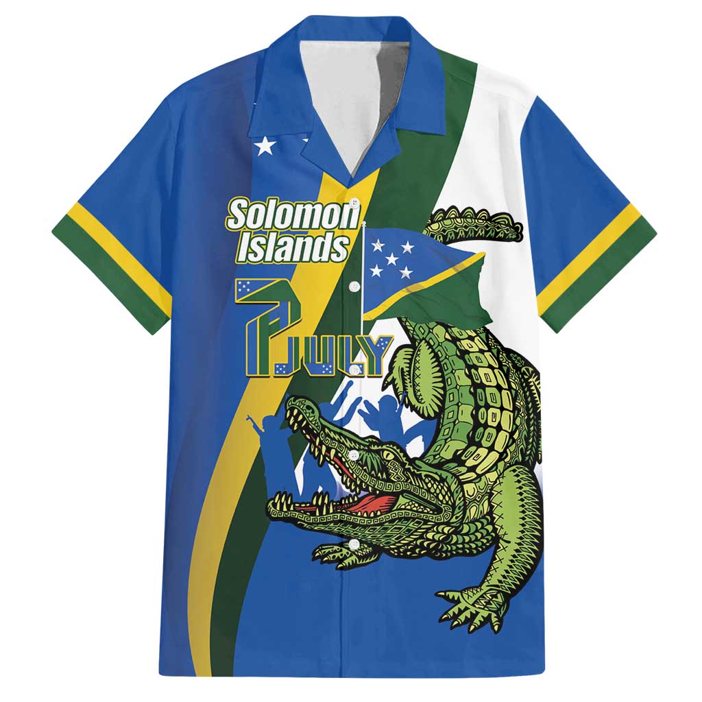 Solomon Islands Independence Day Family Matching Off Shoulder Short Dress and Hawaiian Shirt Happy 7 July Crocodile Flag Style