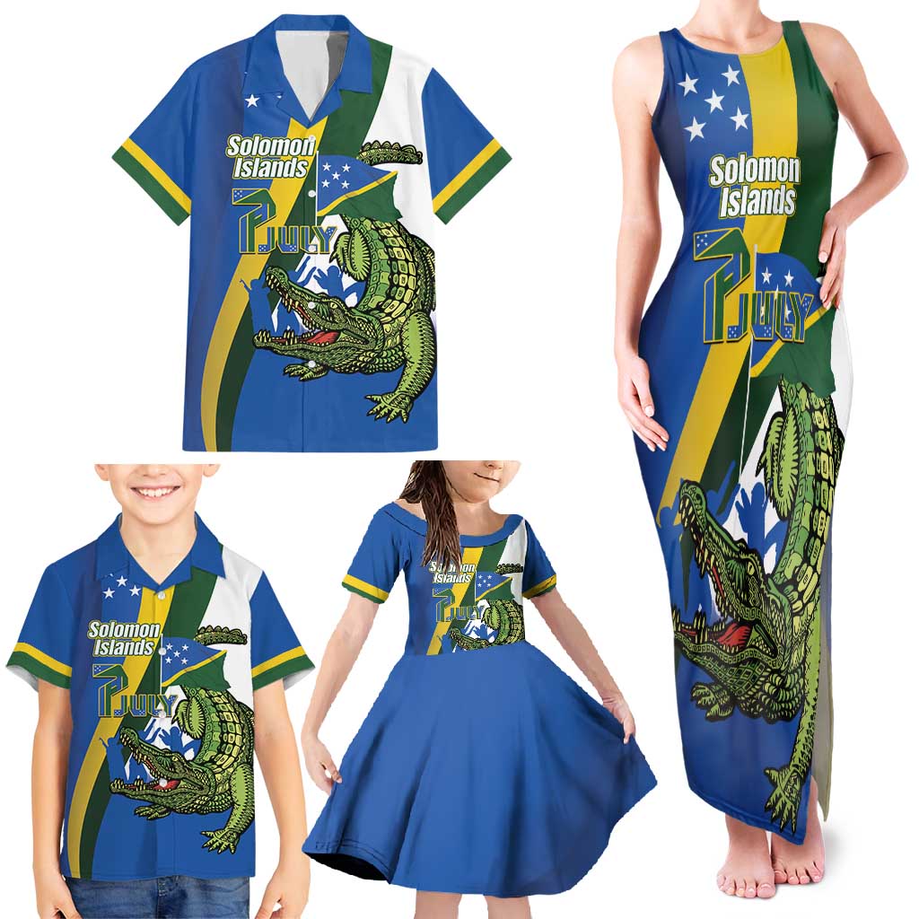 Solomon Islands Independence Day Family Matching Tank Maxi Dress and Hawaiian Shirt Happy 7 July Crocodile Flag Style