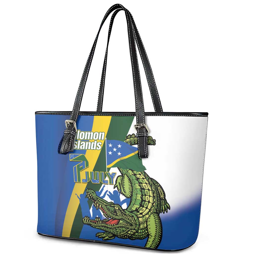 Solomon Islands Independence Day Leather Tote Bag Happy 7 July Crocodile Flag Style