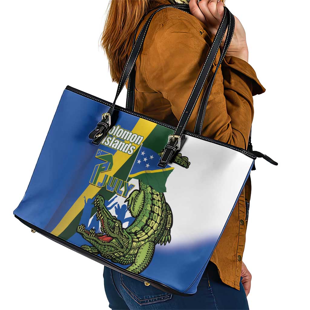 Solomon Islands Independence Day Leather Tote Bag Happy 7 July Crocodile Flag Style