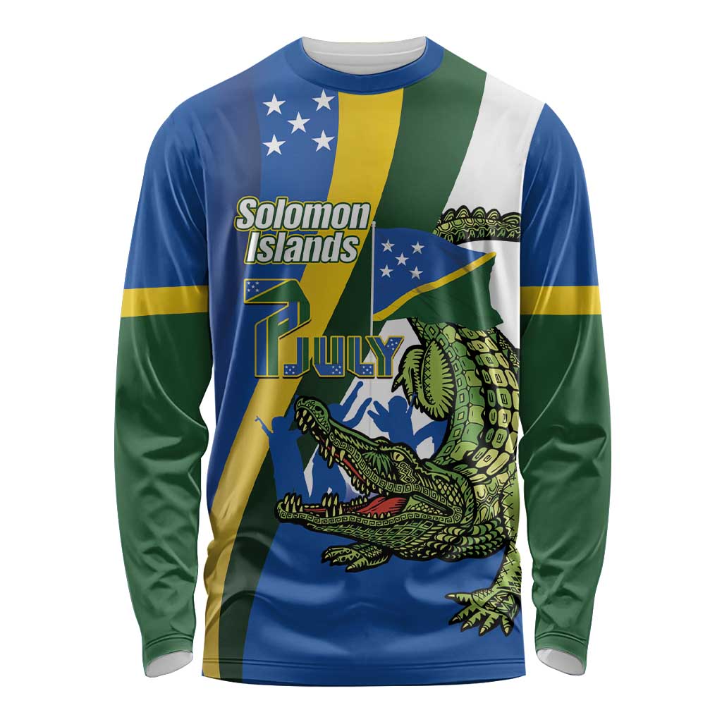Solomon Islands Independence Day Long Sleeve Shirt Happy 7 July Crocodile Flag Style