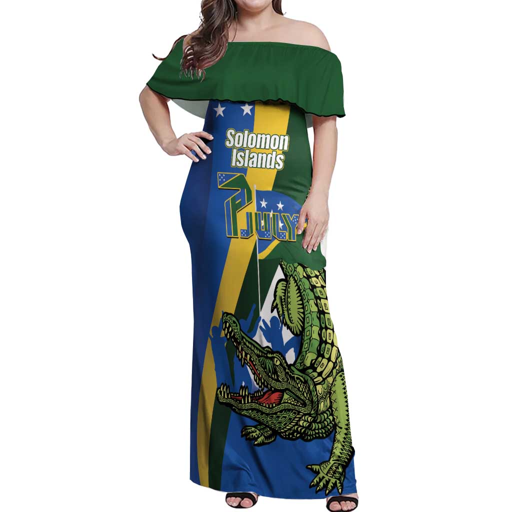 Solomon Islands Independence Day Off Shoulder Maxi Dress Happy 7 July Crocodile Flag Style