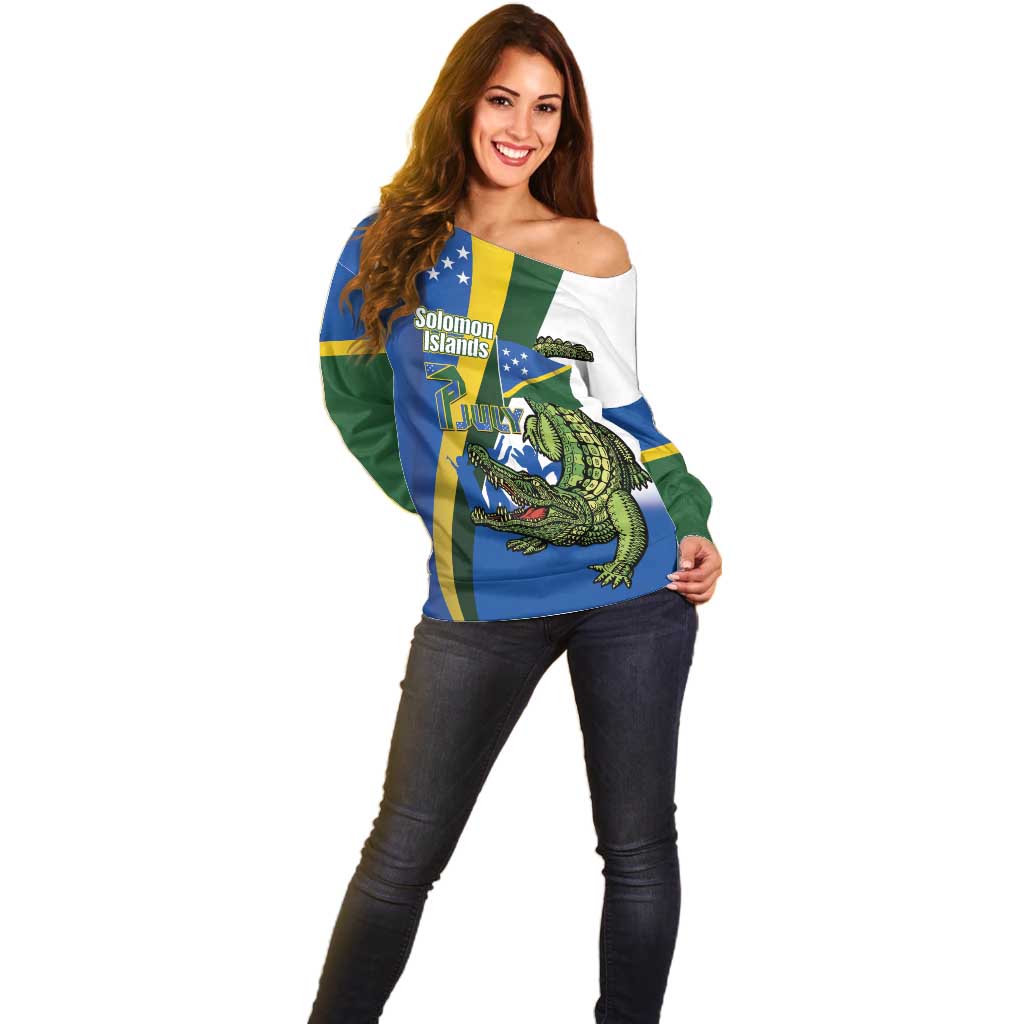 Solomon Islands Independence Day Off Shoulder Sweater Happy 7 July Crocodile Flag Style