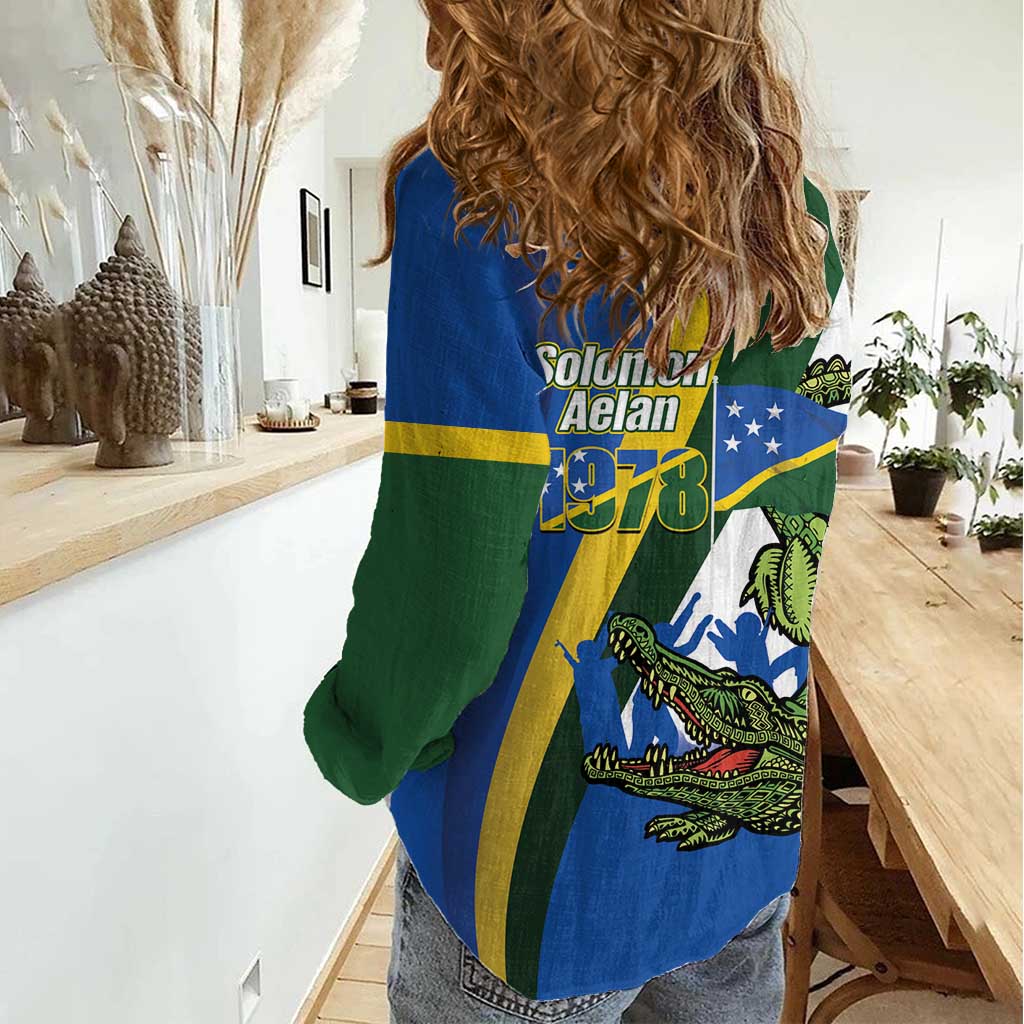 Solomon Islands Independence Day Women Casual Shirt Happy 7 July Crocodile Flag Style