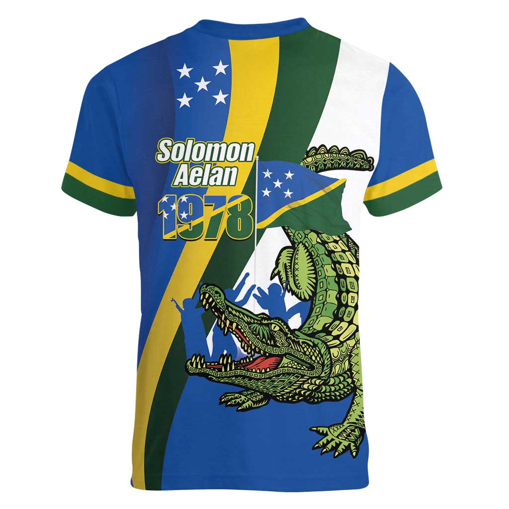 Solomon Islands Independence Day Women V-Neck T-Shirt Happy 7 July Crocodile Flag Style