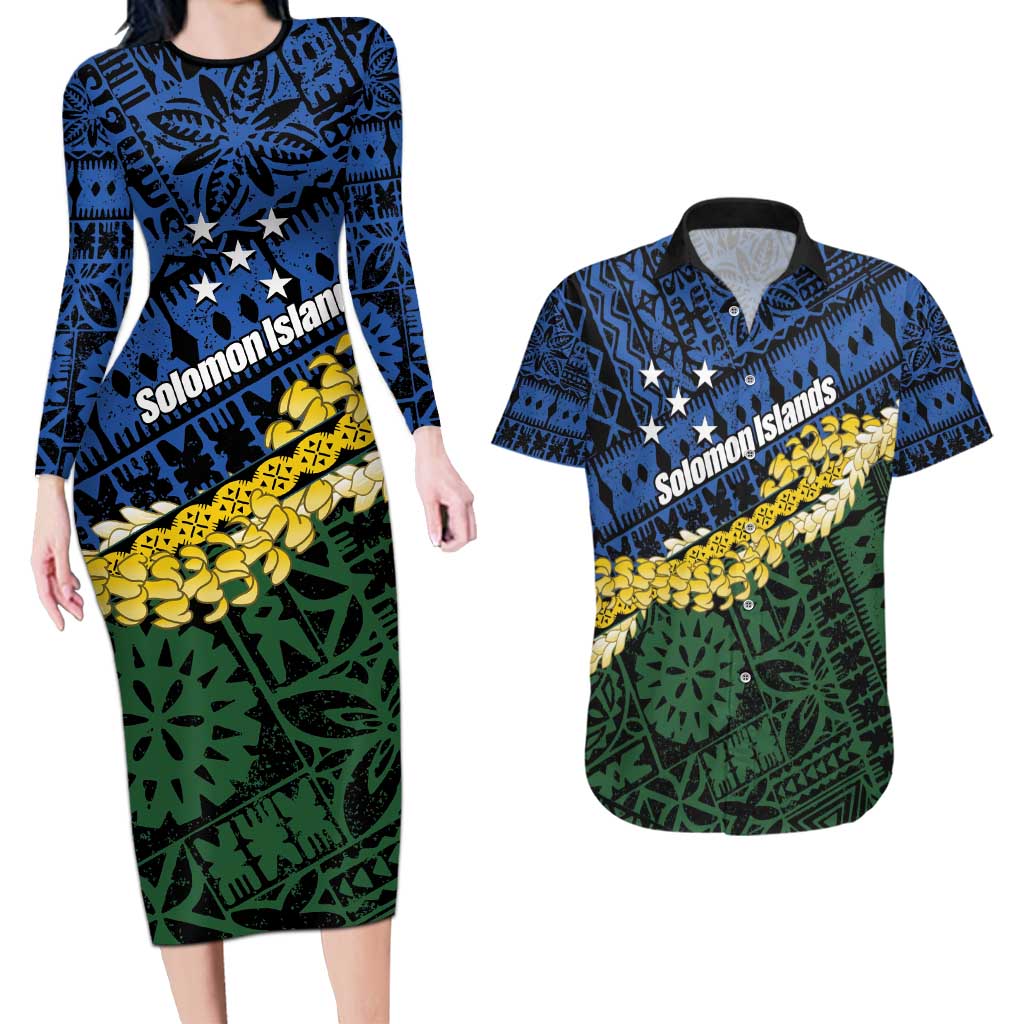 Halo Olaketa Solomon Islands Tapa Pattern Couples Matching Long Sleeve Bodycon Dress and Hawaiian Shirt