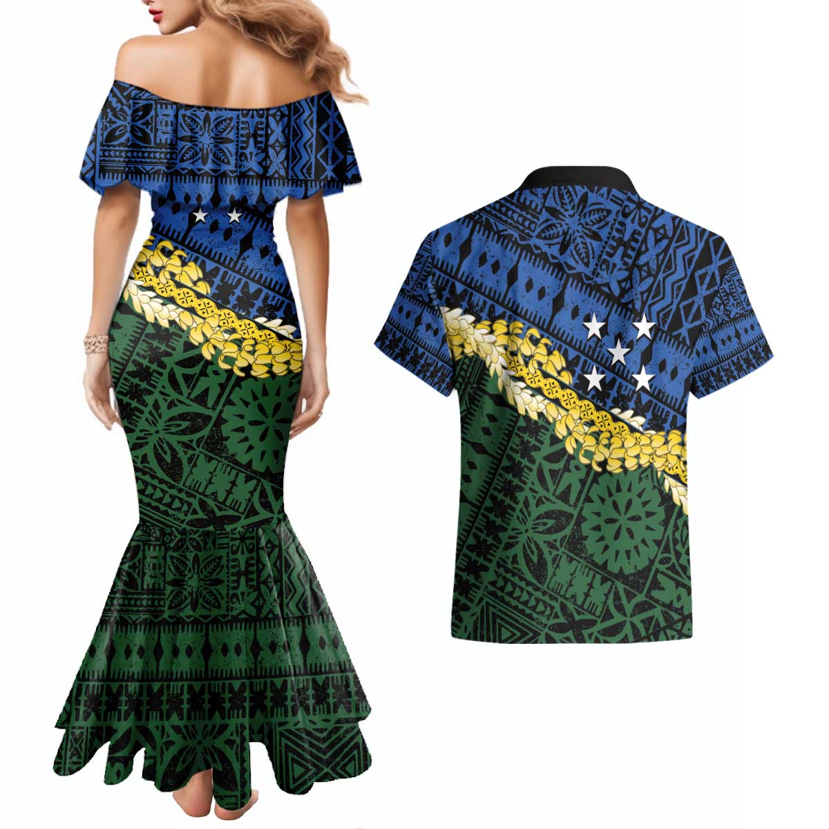Halo Olaketa Solomon Islands Tapa Pattern Couples Matching Mermaid Dress and Hawaiian Shirt