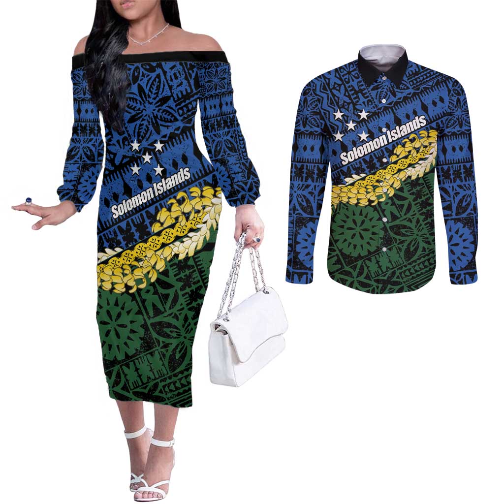 Halo Olaketa Solomon Islands Tapa Pattern Couples Matching Off The Shoulder Long Sleeve Dress and Long Sleeve Button Shirt
