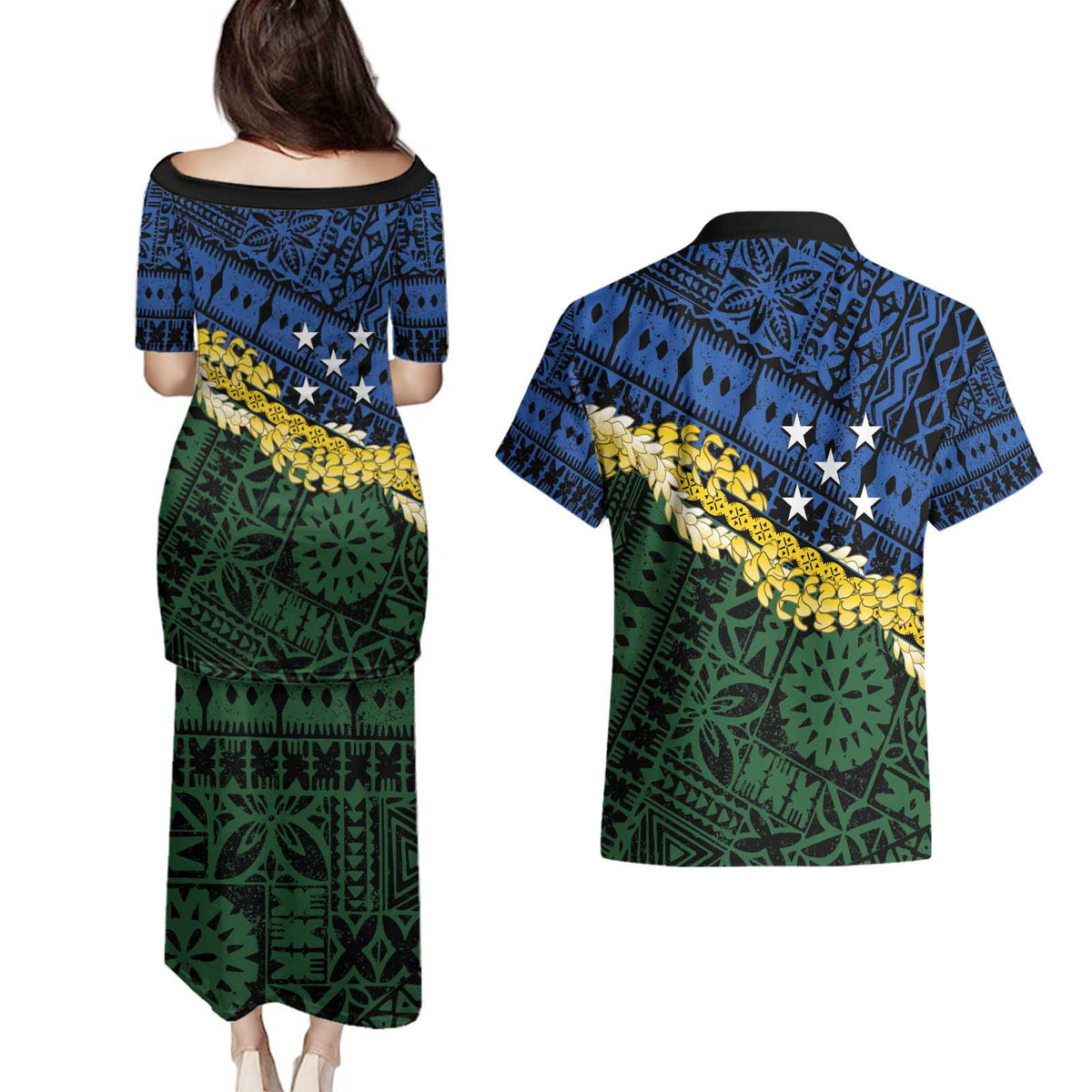 Halo Olaketa Solomon Islands Tapa Pattern Couples Matching Puletasi and Hawaiian Shirt