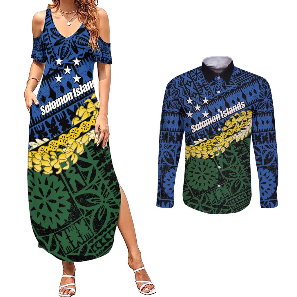 Halo Olaketa Solomon Islands Tapa Pattern Couples Matching Summer Maxi Dress and Long Sleeve Button Shirt
