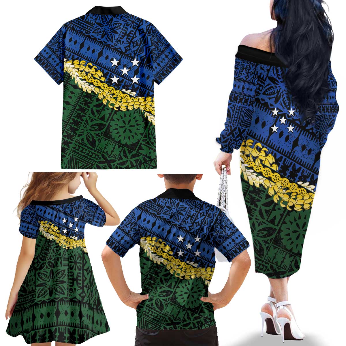 Halo Olaketa Solomon Islands Tapa Pattern Family Matching Off The Shoulder Long Sleeve Dress and Hawaiian Shirt