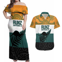AUNZ Rugby Custom Couples Matching Off Shoulder Maxi Dress and Hawaiian Shirt Australia Kangaroo New Zealand Silver Fern - Polynesian Pride