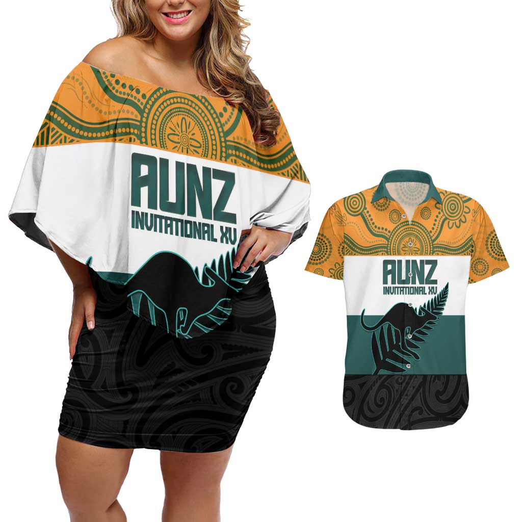 AUNZ Rugby Custom Couples Matching Off Shoulder Short Dress and Hawaiian Shirt Australia Kangaroo New Zealand Silver Fern - Polynesian Pride