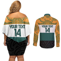 AUNZ Rugby Custom Couples Matching Off Shoulder Short Dress and Long Sleeve Button Shirt Australia Kangaroo New Zealand Silver Fern - Polynesian Pride