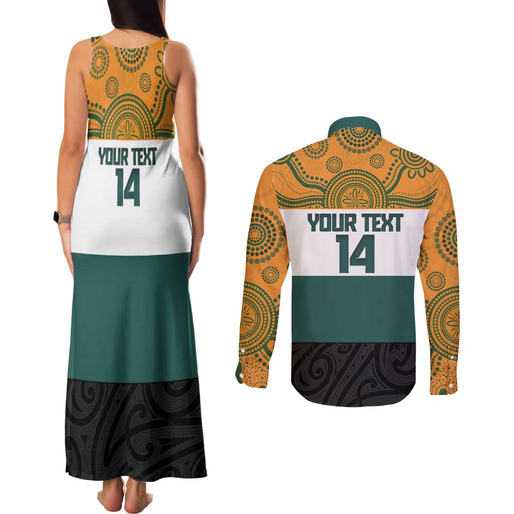 AUNZ Rugby Custom Couples Matching Tank Maxi Dress and Long Sleeve Button Shirt Australia Kangaroo New Zealand Silver Fern - Polynesian Pride