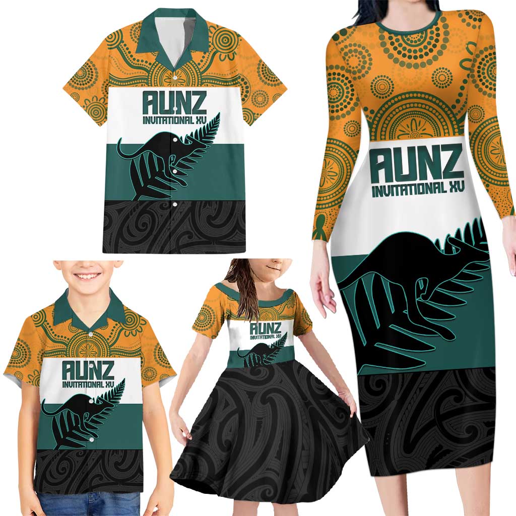 AUNZ Rugby Custom Family Matching Long Sleeve Bodycon Dress and Hawaiian Shirt Australia Kangaroo New Zealand Silver Fern - Polynesian Pride