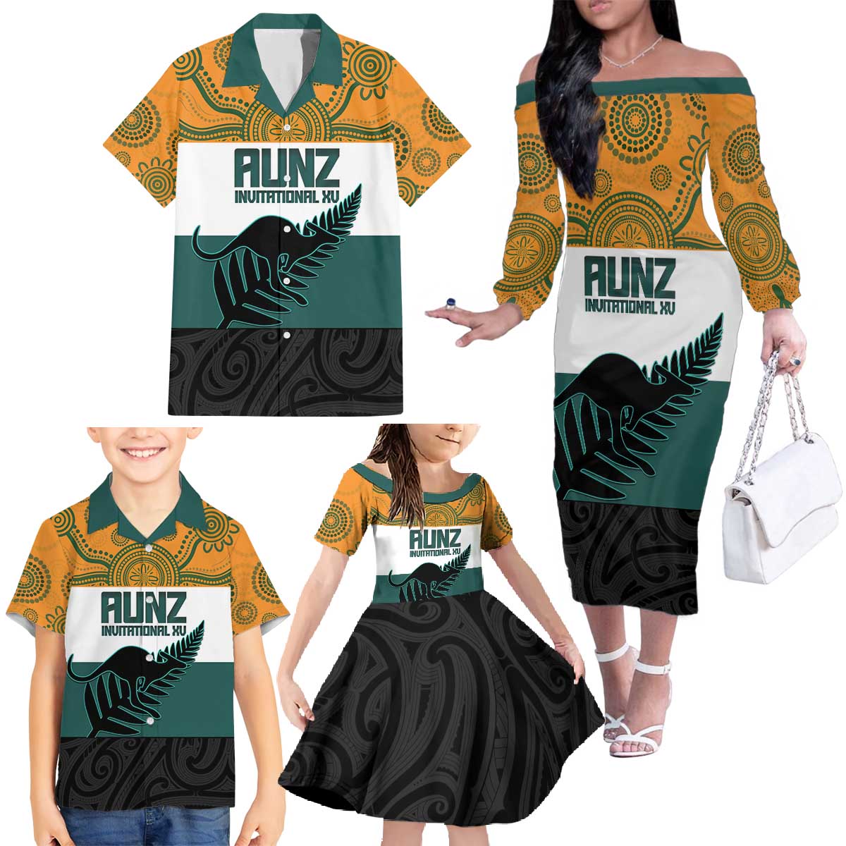 AUNZ Rugby Custom Family Matching Off The Shoulder Long Sleeve Dress and Hawaiian Shirt Australia Kangaroo New Zealand Silver Fern - Polynesian Pride