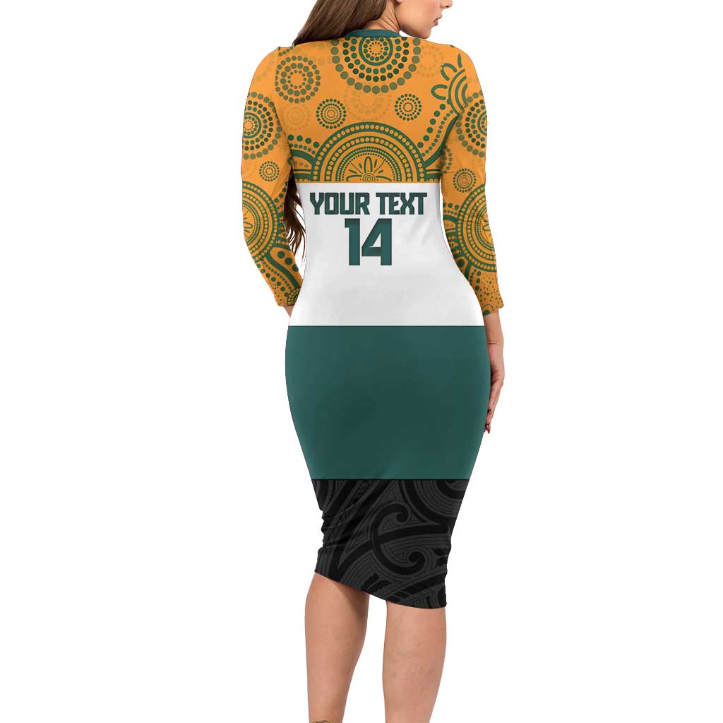 AUNZ Rugby Custom Long Sleeve Bodycon Dress Australia Kangaroo New Zealand Silver Fern - Polynesian Pride