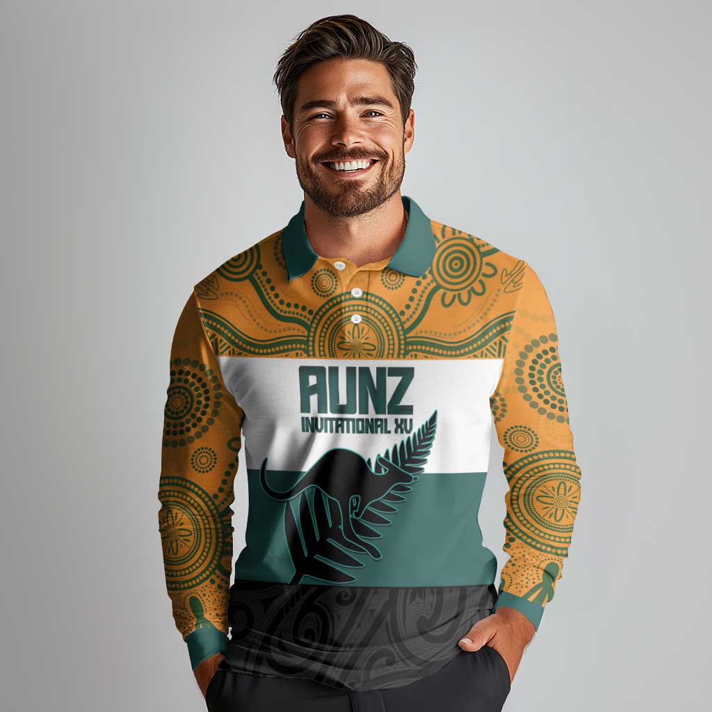 AUNZ Rugby Custom Long Sleeve Polo Shirt Australia Kangaroo New Zealand Silver Fern - Polynesian Pride