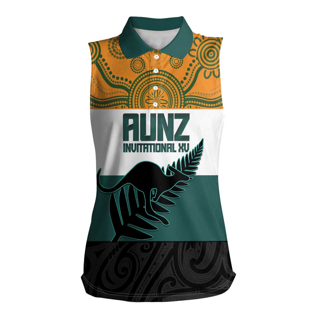 AUNZ Rugby Custom Women Sleeveless Polo Shirt Australia Kangaroo New Zealand Silver Fern - Polynesian Pride