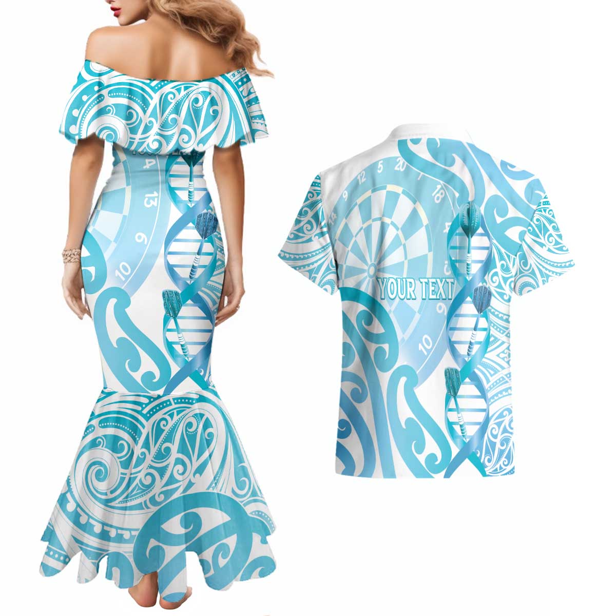 Personalised New Zealand Darts Couples Matching Mermaid Dress and Hawaiian Shirt Aotearoa Maori Its In My DNA White - Polynesian Pride