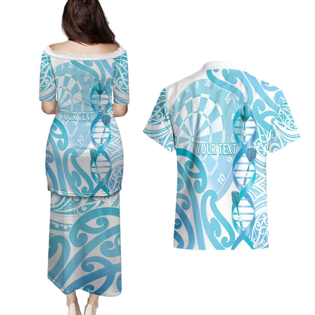 Personalised New Zealand Darts Couples Matching Puletasi and Hawaiian Shirt Aotearoa Maori Its In My DNA White - Polynesian Pride