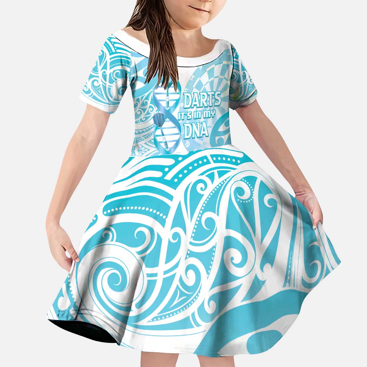 Personalised New Zealand Darts Kid Short Sleeve Dress Aotearoa Maori Its In My DNA White - Polynesian Pride