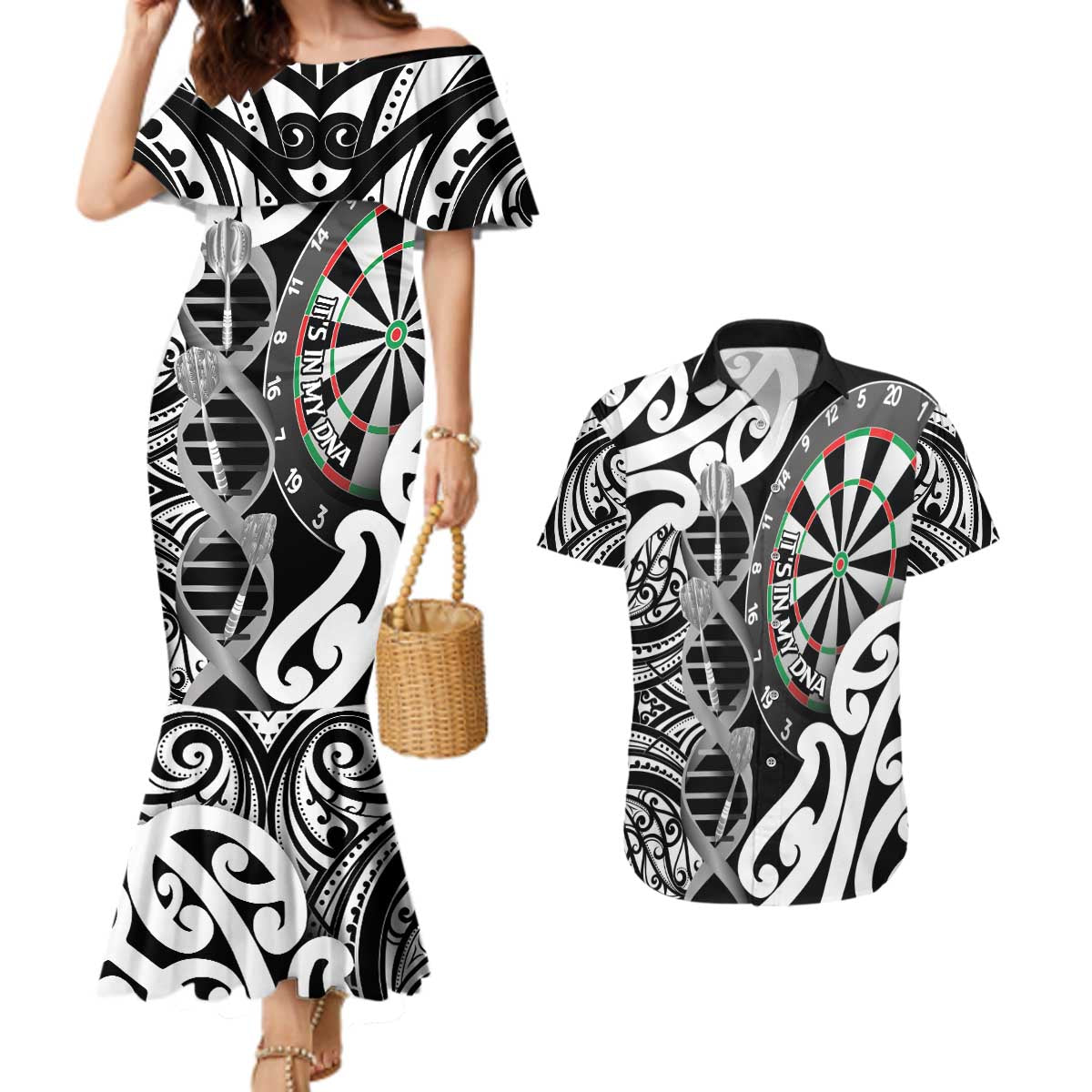 Personalised New Zealand Darts Couples Matching Mermaid Dress and Hawaiian Shirt Aotearoa Maori Its In My DNA Black LT14 Black - Polynesian Pride
