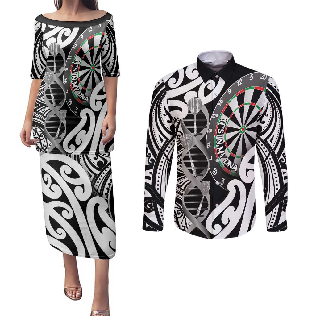 Personalised New Zealand Darts Couples Matching Puletasi and Long Sleeve Button Shirt Aotearoa Maori Its In My DNA Black LT14 Black - Polynesian Pride