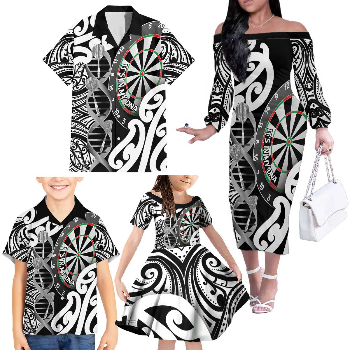 Personalised New Zealand Darts Family Matching Off The Shoulder Long Sleeve Dress and Hawaiian Shirt Aotearoa Maori Its In My DNA Black LT14 - Polynesian Pride