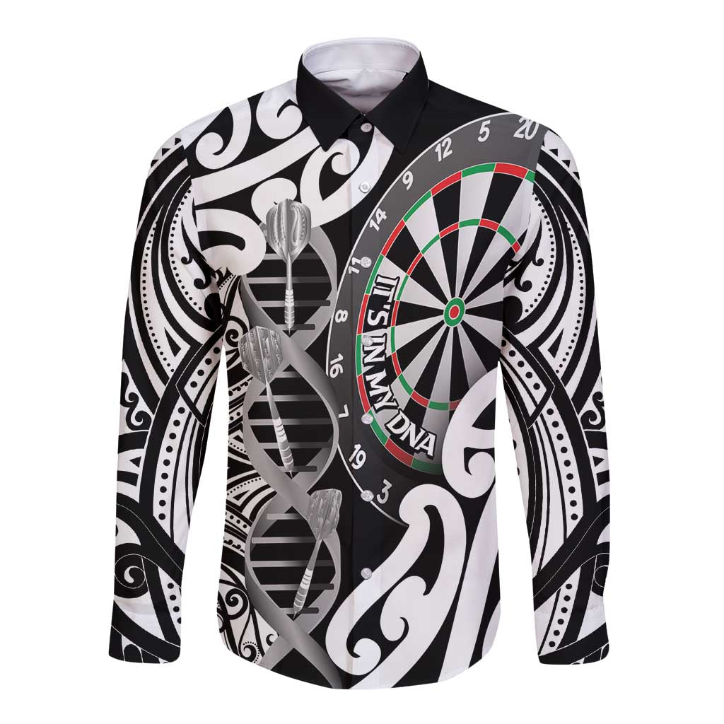 Personalised New Zealand Darts Long Sleeve Button Shirt Aotearoa Maori Its In My DNA Black LT14 Unisex Black - Polynesian Pride