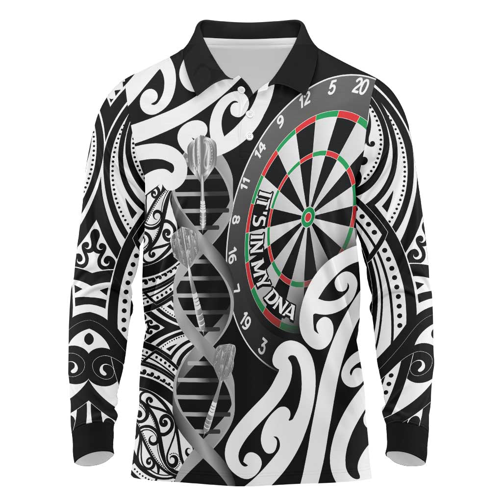 Personalised New Zealand Darts Long Sleeve Polo Shirt Aotearoa Maori Its In My DNA Black - Polynesian Pride