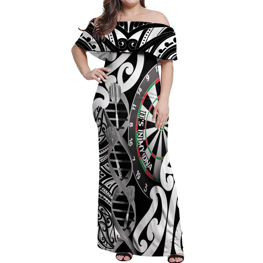 Personalised New Zealand Darts Off Shoulder Maxi Dress Aotearoa Maori Its In My DNA Black - Polynesian Pride