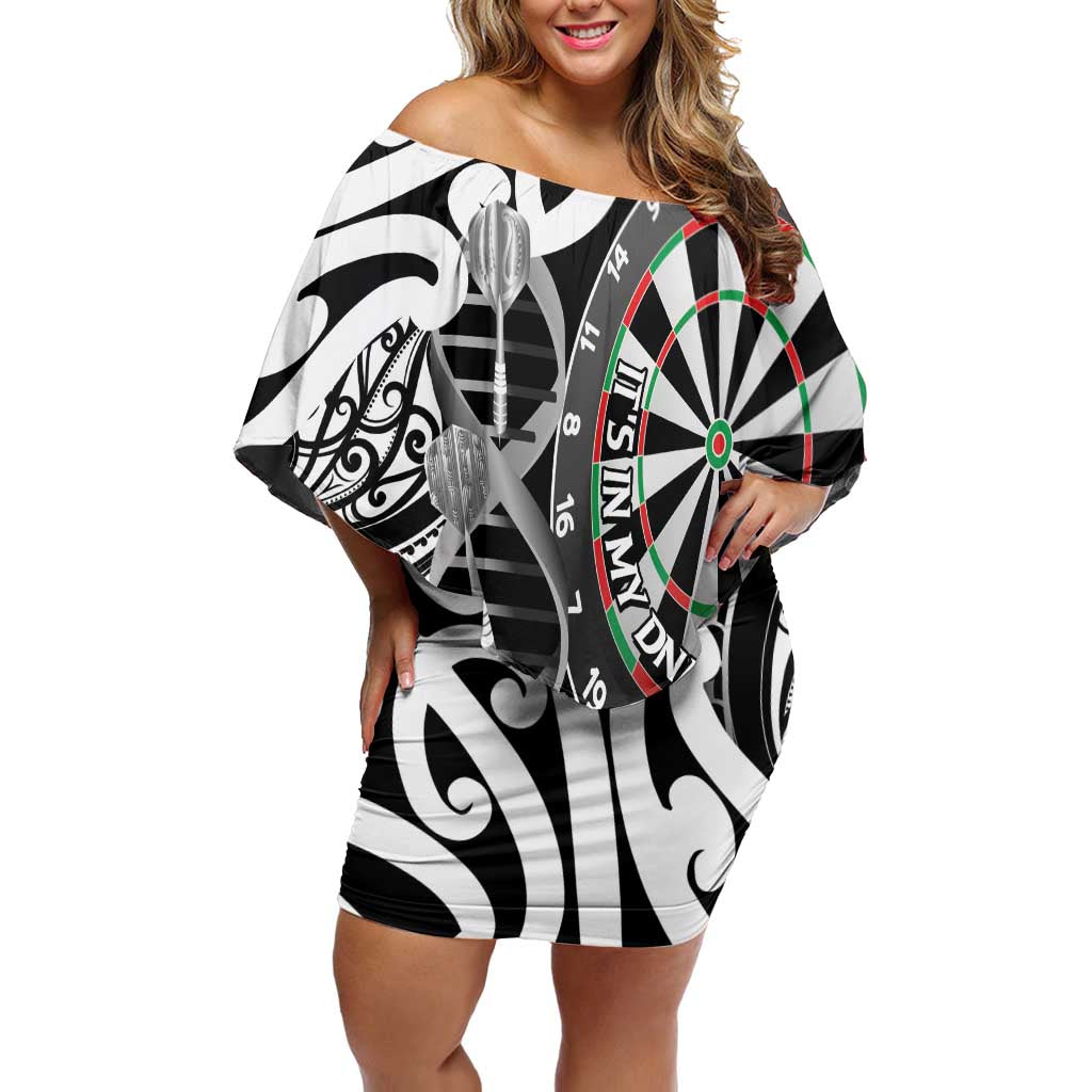 Personalised New Zealand Darts Off Shoulder Short Dress Aotearoa Maori Its In My DNA Black - Polynesian Pride