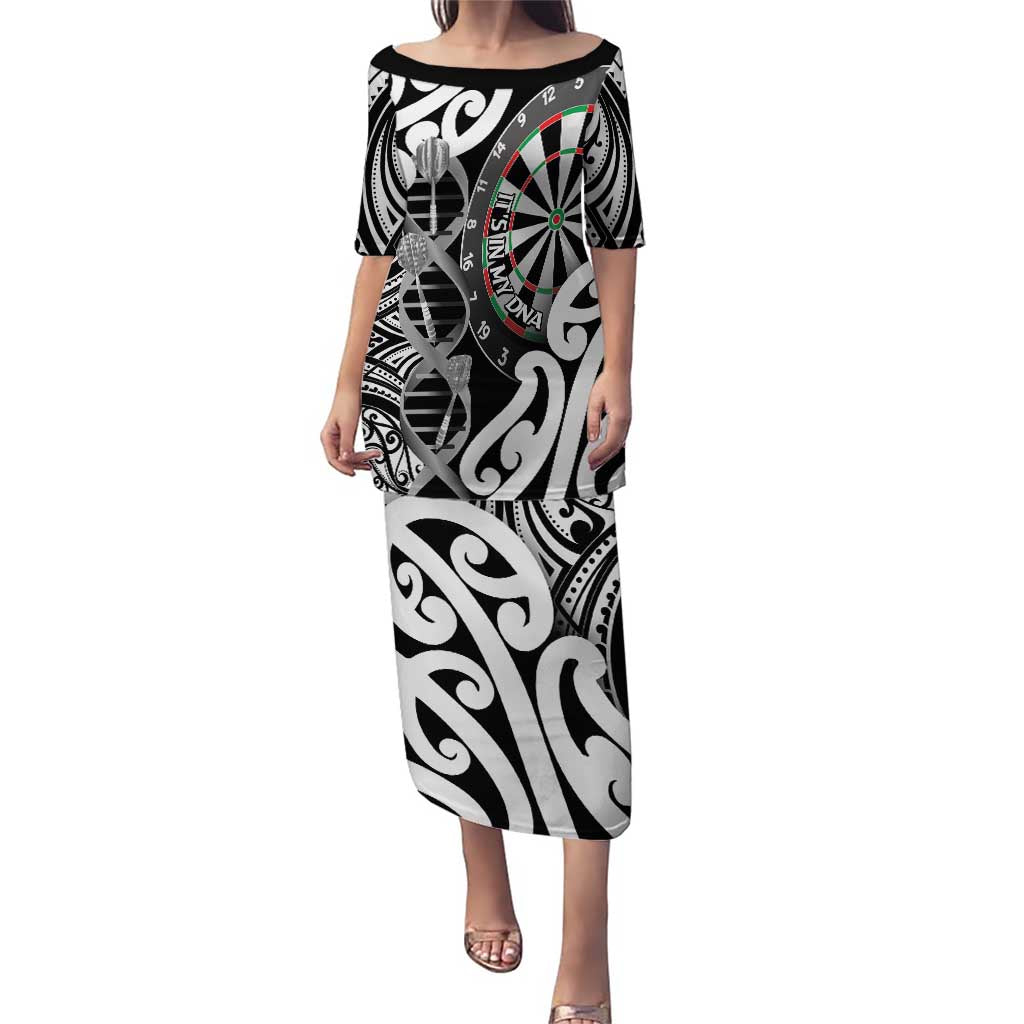 Personalised New Zealand Darts Puletasi Aotearoa Maori Its In My DNA Black LT14 Long Dress Black - Polynesian Pride