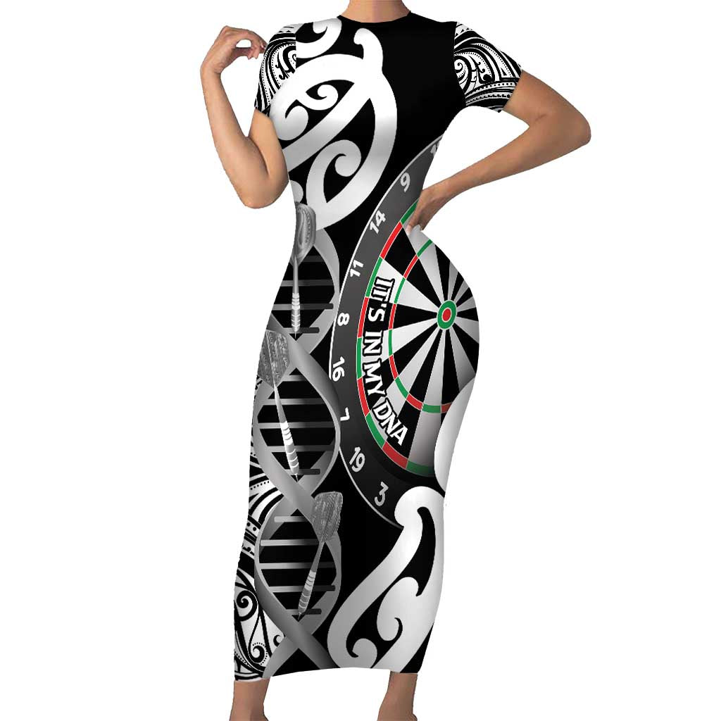 Personalised New Zealand Darts Short Sleeve Bodycon Dress Aotearoa Maori Its In My DNA Black - Polynesian Pride