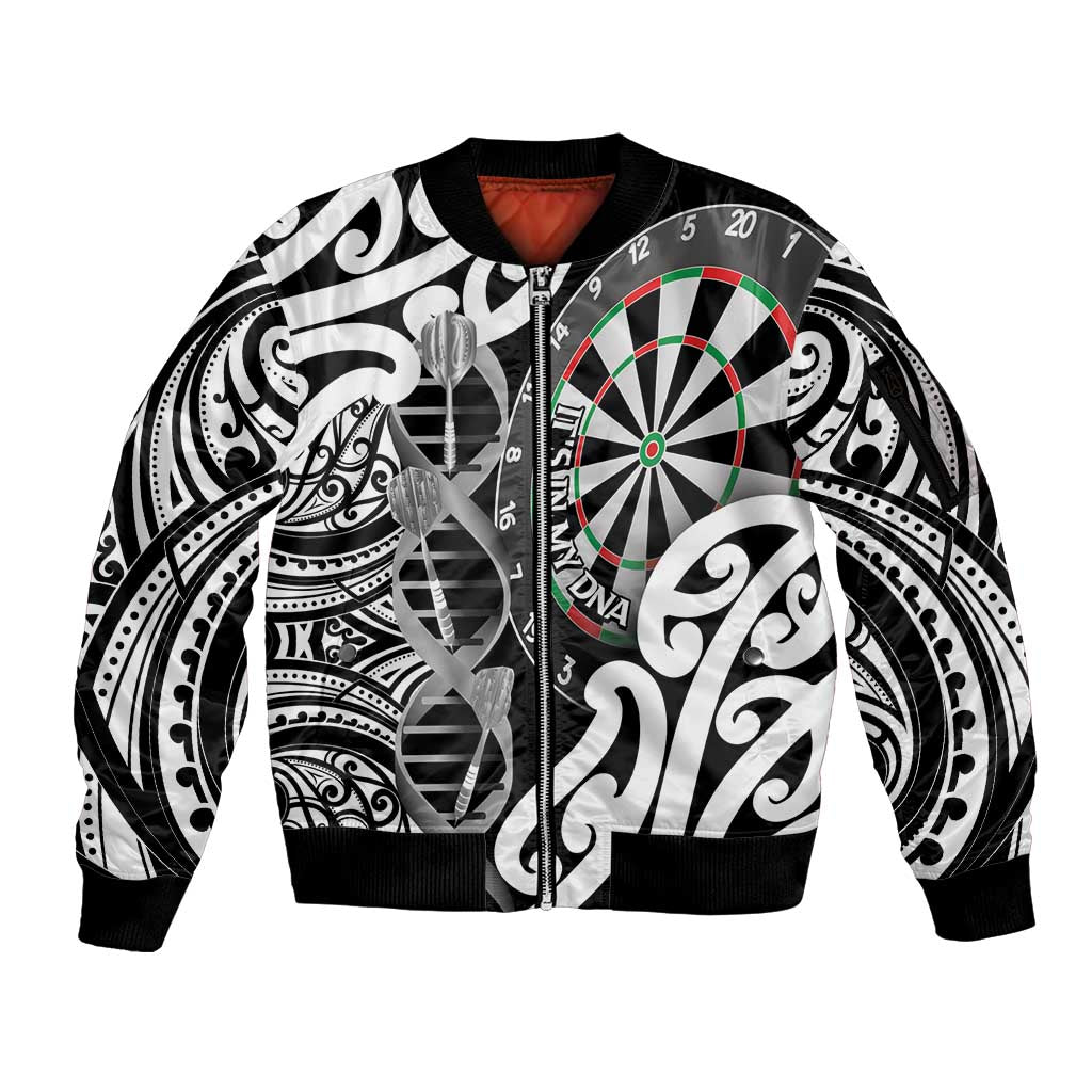 Personalised New Zealand Darts Sleeve Zip Bomber Jacket Aotearoa Maori Its In My DNA Black - Polynesian Pride