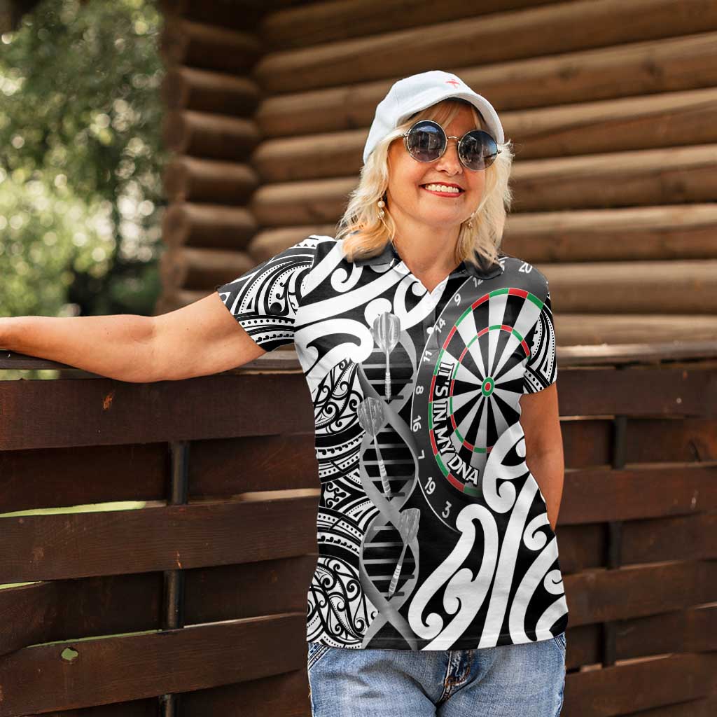 Personalised New Zealand Darts Women Polo Shirt Aotearoa Maori Its In My DNA Black - Polynesian Pride