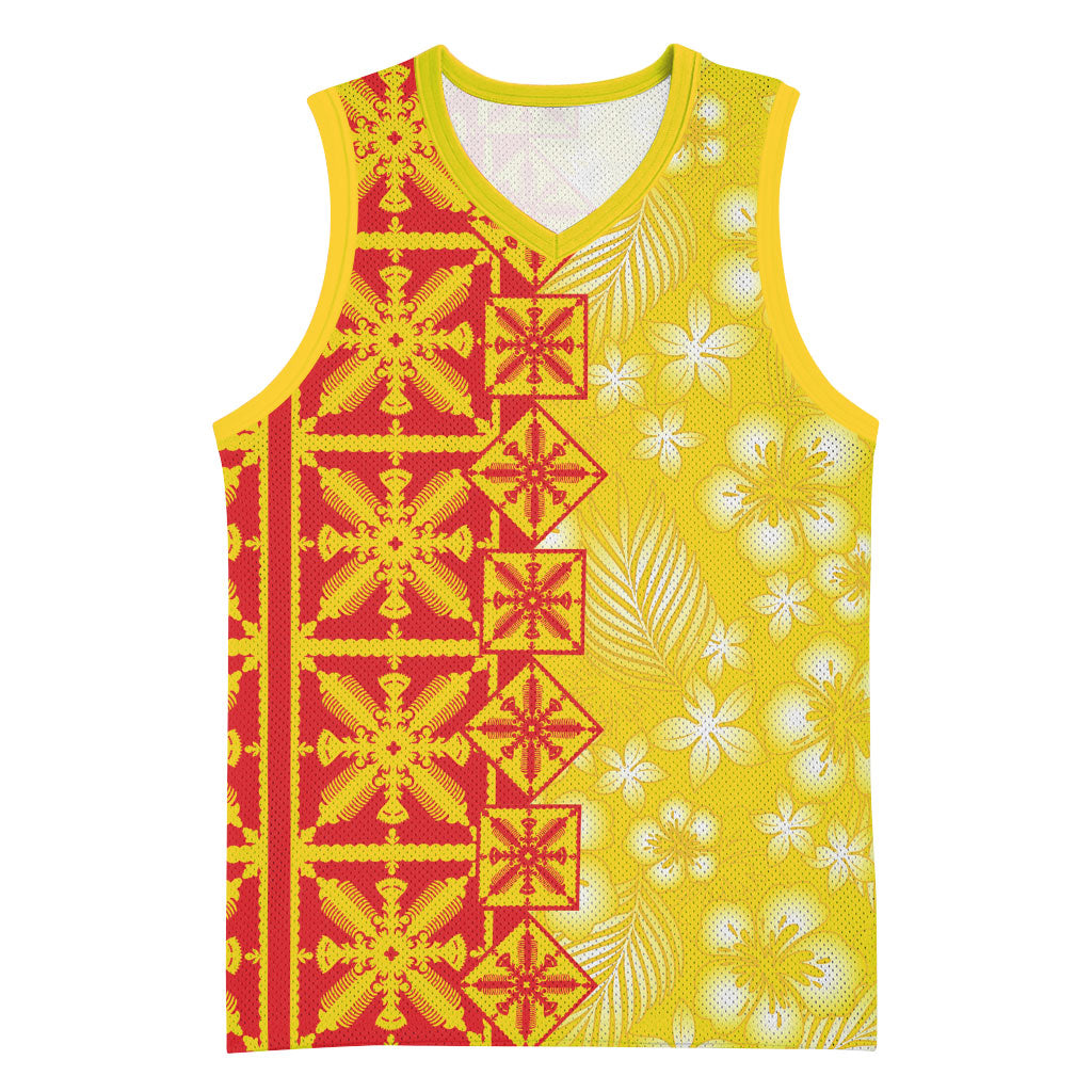 Kahili Quilt Hawaii Basketball Jersey Tropical Flower Seamless Half Style LT14 Unisex Yellow - Polynesian Pride