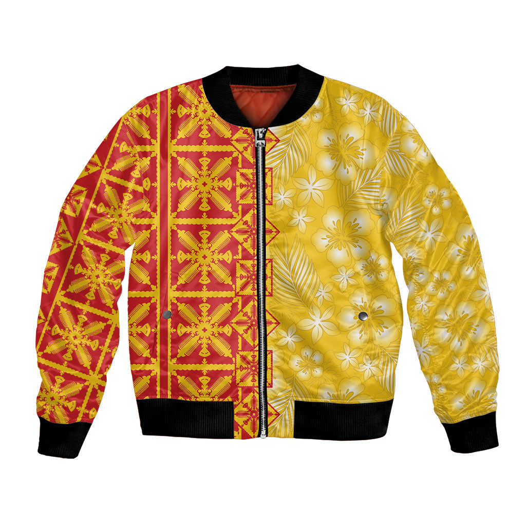 Kahili Quilt Hawaii Bomber Jacket Tropical Flower Seamless Half Style LT14 Unisex Yellow - Polynesian Pride