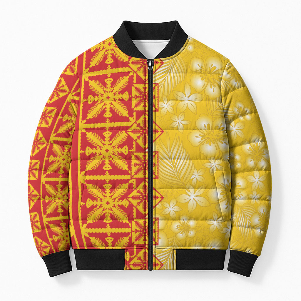 Kahili Quilt Hawaii Bomber Puffer Jacket Tropical Flower Seamless Half Style LT14 Unisex Yellow - Polynesian Pride