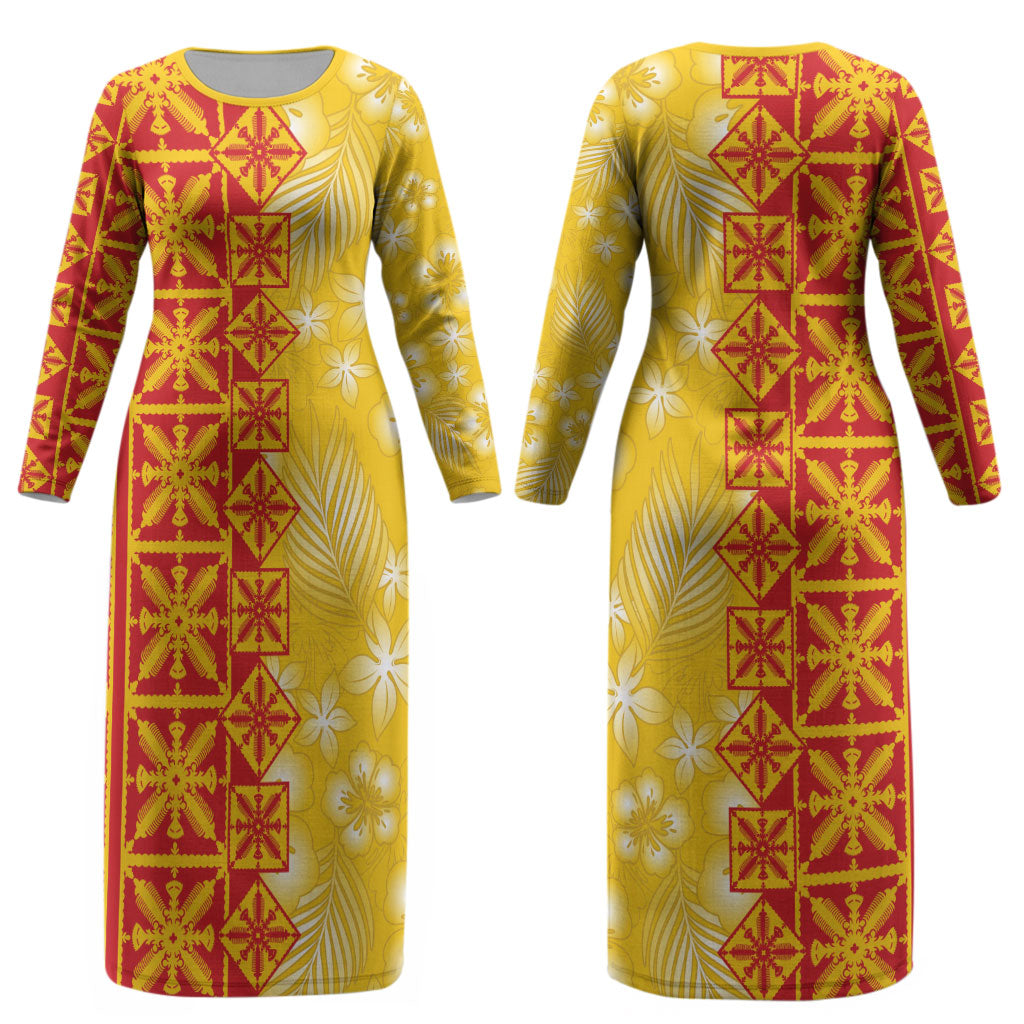 Kahili Quilt Hawaii Couples Matching Long Sleeve Bodycon Dress and Hawaiian Shirt Tropical Flower Seamless Half Style LT14 - Polynesian Pride
