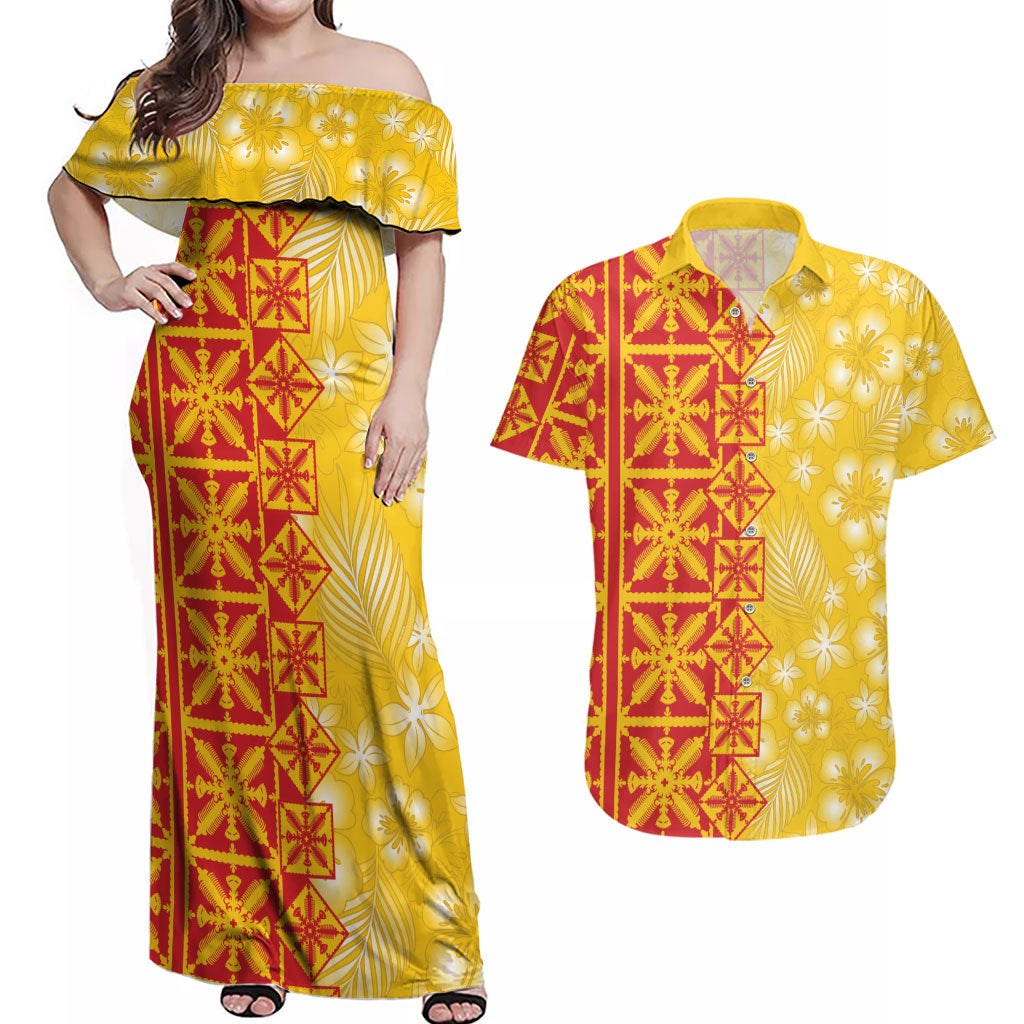 Kahili Quilt Hawaii Couples Matching Off Shoulder Maxi Dress and Hawaiian Shirt Tropical Flower Seamless Half Style