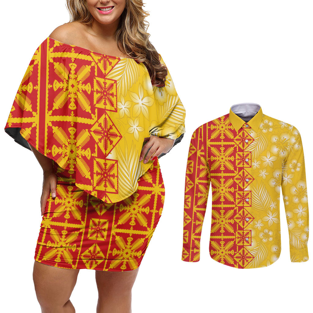 Kahili Quilt Hawaii Couples Matching Off Shoulder Short Dress and Long Sleeve Button Shirt Tropical Flower Seamless Half Style