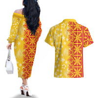 Kahili Quilt Hawaii Couples Matching Off The Shoulder Long Sleeve Dress and Hawaiian Shirt Tropical Flower Seamless Half Style