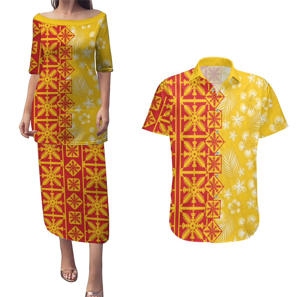 Kahili Quilt Hawaii Couples Matching Puletasi and Hawaiian Shirt Tropical Flower Seamless Half Style